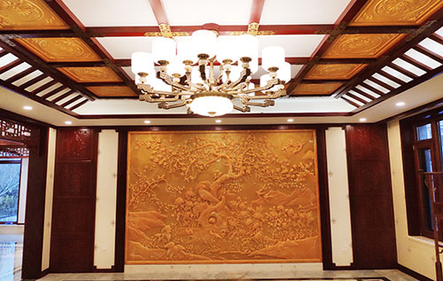 石家庄中式别墅客厅中式木作横梁吊顶装饰展示